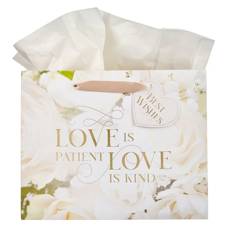 Mr. and Mrs. - Love Is Patient Love Is Kind Large Landscape Gift Bag with Gift Tag