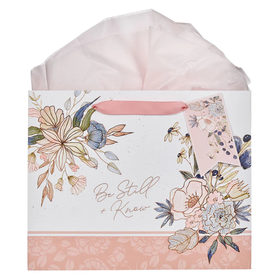 Be Still and Know Pink and Blue Floral Large Landscape Gift Bag with Gift Tag