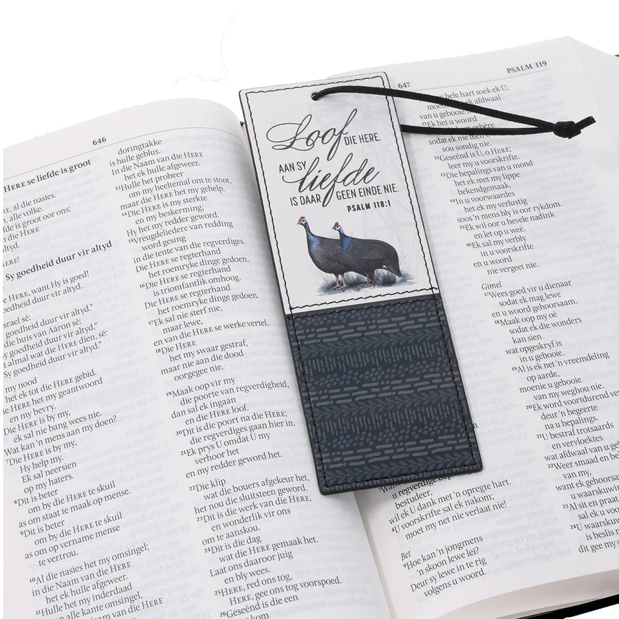 Loof die Here aan Sy Liefde Is Daar Geen Einde Nie Afrikaans Faux Leather Bookmark