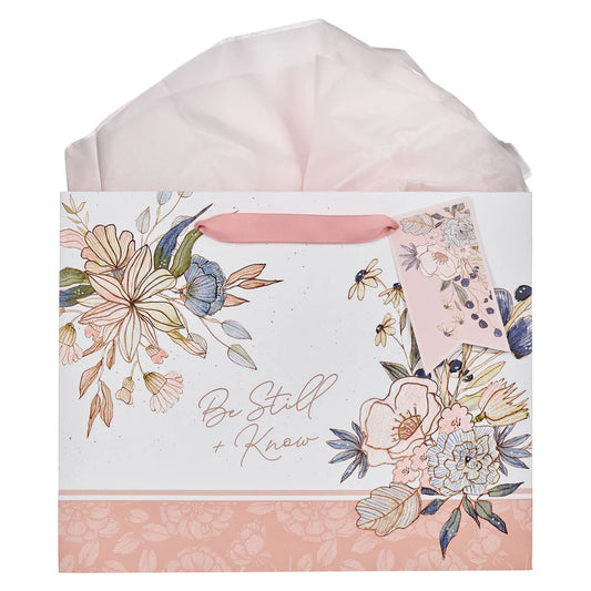 Be Still and Know Pink and Blue Floral Large Landscape Gift Bag with Gift Tag