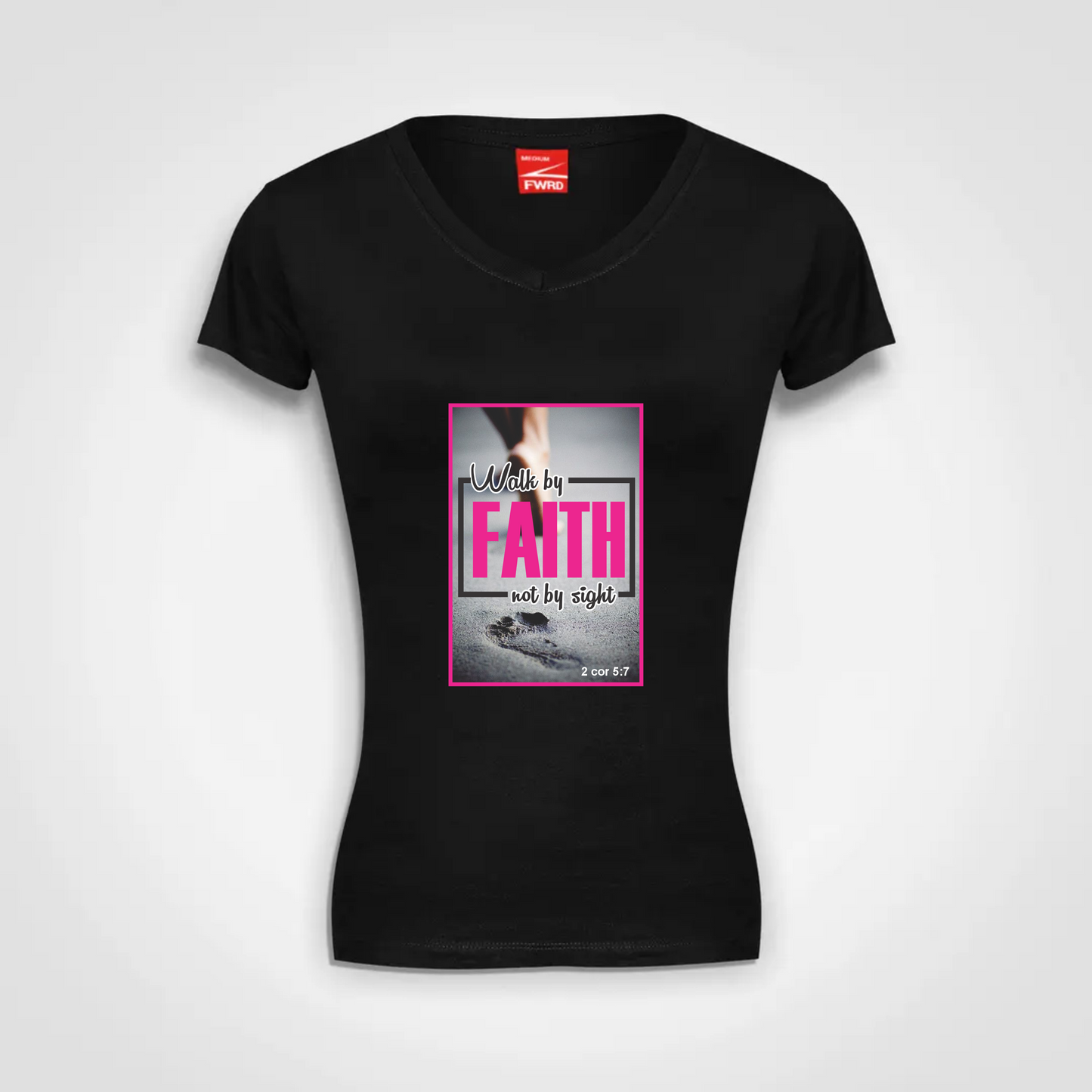 Ladies V Neck T Shirt (B)- Walk by Faith