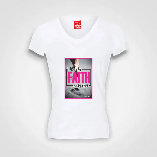 Ladies V Neck T Shirt (W)- Walk by Faith